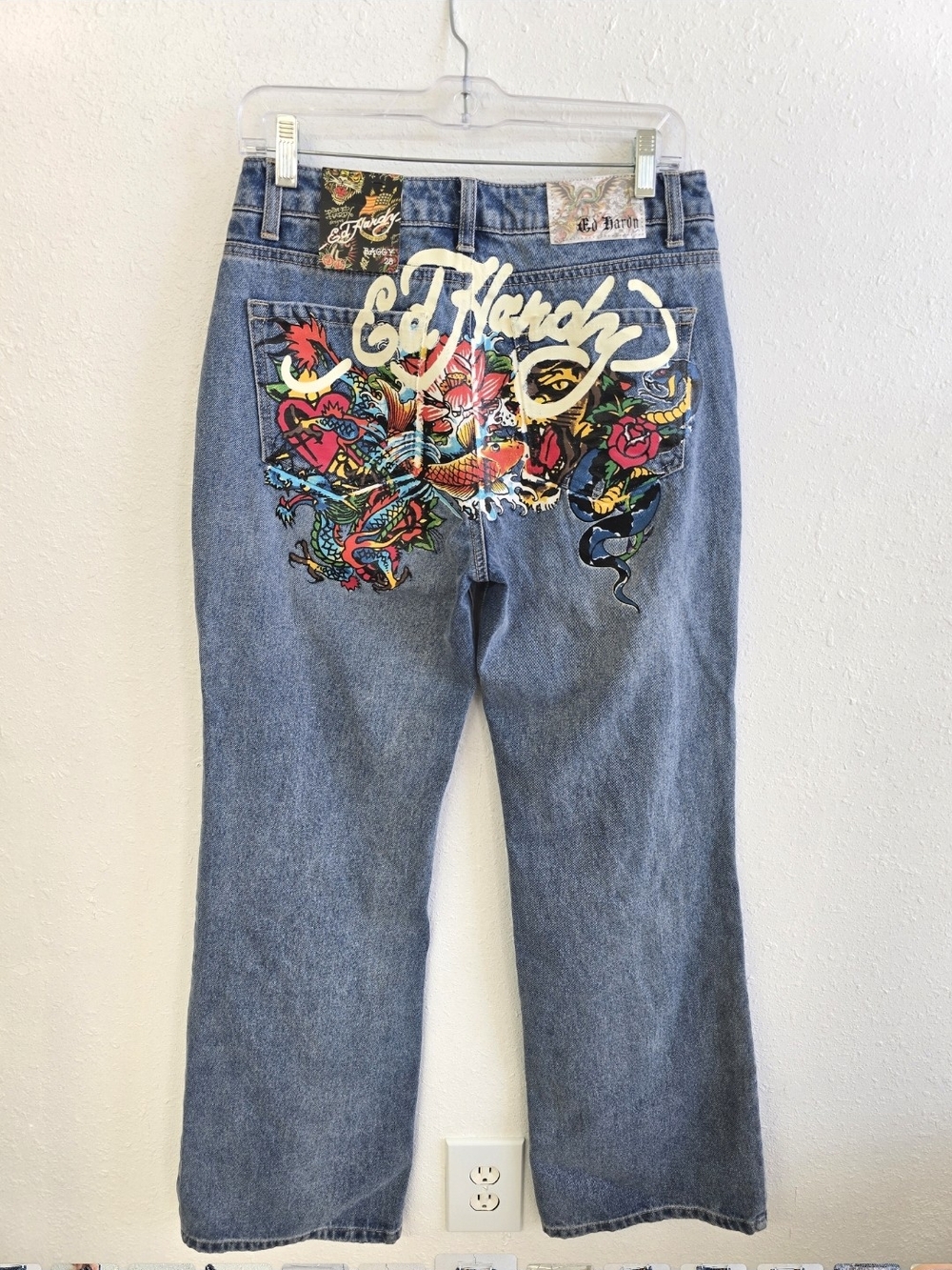 Ed Hardy NWT Size 28 Baggy Jeans Tattoo Graphic Dragon Tiger Y2K Denim
